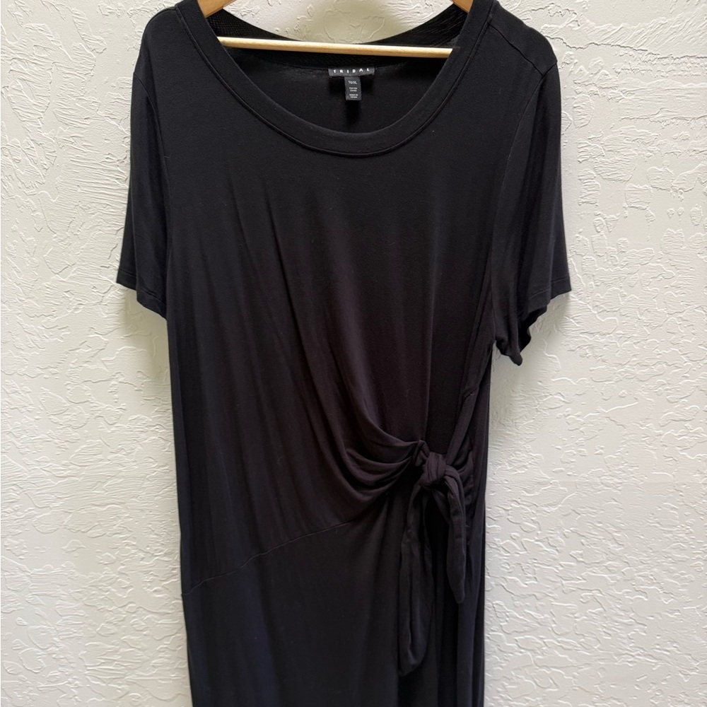 Tribal Women’s  Faux Wrap Stretchy Black Short Sleeve  Midi Dress